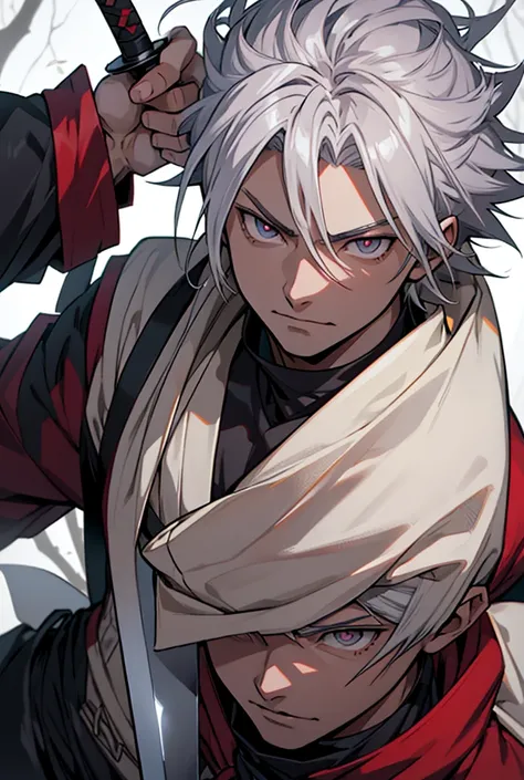 A close up of a person holding a sword in the forest,  handsome guy in the art of demon slayer , Nagito Komaeda, Red glow in the eyes, male  Anime character, official art,  a crazy young man with silver hair,  Anime character, Miyamoto Musashi, anime style...