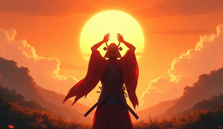  Back View of a Samurai 、whole body、A samurai who raises his hands wide above his head、Rising Sun 、sunny、