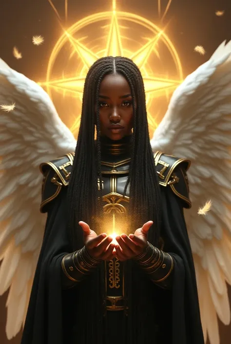 black girl long braided hair adorned in black and gold armor, with enormous white angel wings, and the Sun metal emblem floating behind her. Feathers, hands enveloped in holy light, facing the viewer, captured in a cowboy-style shot. The scene is filled wi...