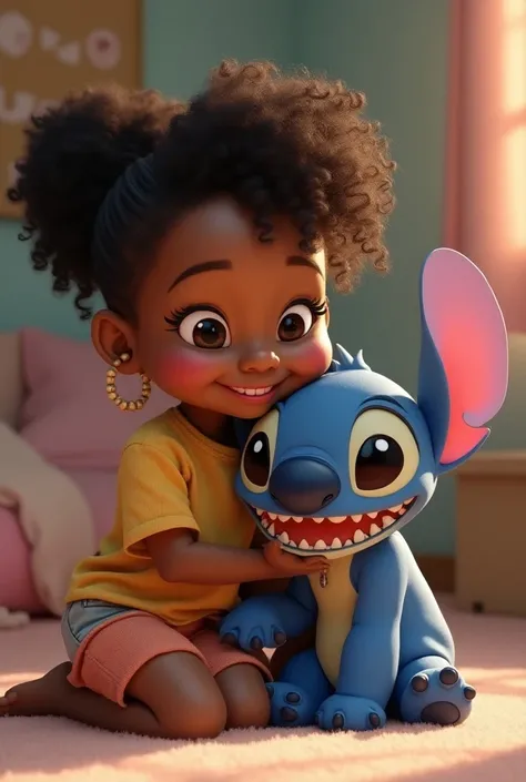 Chubby black girl with curly hair tied with a bun together with Stitch sitting
