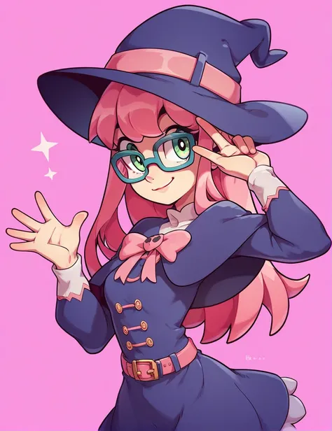 anime girl;  high resolution ; simple background;  a teenage girl centered on the image looking at the viewer; waving with one hand; Closed mouth smile; long pink hair with bangs ; without glasses; green eyes; witch outfit; headphone rosa; rosa cat ear.