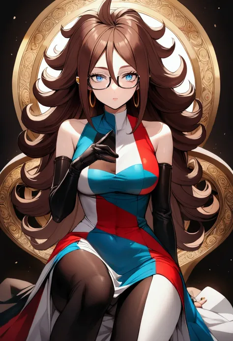 Android 21, Brown Hair, Long Hair,  curly hair, blue eyes, Hoop Earrings, Checkered Dress,  sleeveless,  black pantyhose , White, Glasses, Knee-length dress,