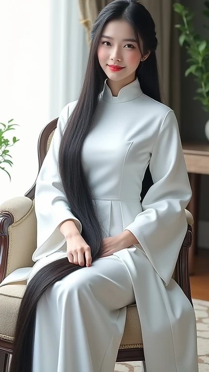 Very cute and young chinese lady with red lip.She is light smile with upper teeth and have dimple.She wear a transparent  light blue dungaree  and white walking shoe.She is side -swipe position sitting on a luxury chair in a luxury living room.The living r...