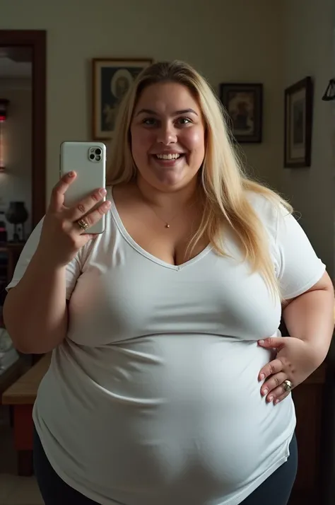 30-year-old obese  face Argentine saggy thick obese woman, fat double chin ,1.55 meters tall, 450 pounds overweight, saggy huge big boobs, obese huge big booty, long ultra-straight blonde hair, skin without makeup,  she takes a selfie of his face inside hi...