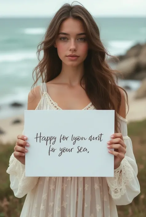  Beautiful girl with long wavy hair , bohemian dress,  holding a white board with the text  " I Love Seaart Infinity"  and showing it to the spectator 