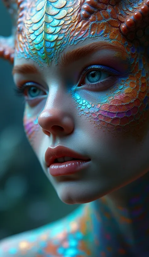 a chica with colorful snake-like skin on her cheeks, detailed face, detailed eyes, detailed skin texture, detailed facial features, extremely detailed, 4k, hyper realistic, highly detailed, cinematic lighting, dramatic lighting, surreal, fantasy, vibrant c...