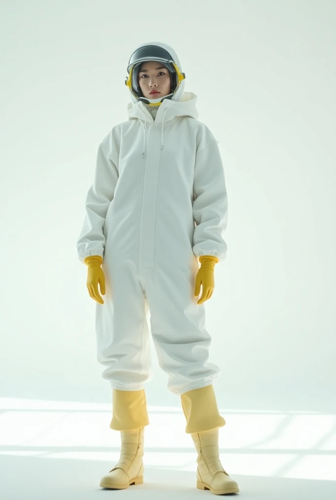  A young beautiful Korean girl ,  is wearing a white medical jumpsuit , white high boots , yellow gloves,  full face protective glass mask,  with a hood from a jumpsuit  