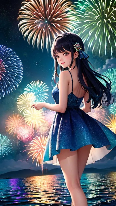 A beautiful night，Huge fireworks bloom on the surface of the sea，Colorful colorful，Fireworks like stars, like peacock feathers, like pebbles, illuminate the whole sea