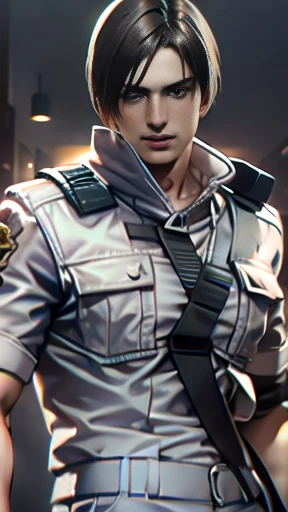 (Highly detailed CG), ( best quality), (Highly detailed CG), ( best quality), (Leon S. Kennedy), (Overall view) Xihua Street,SWAT Clothing, Beautiful and sexy young man, Lean and muscular