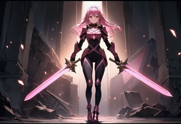 18 years old, pink long hair, brown eyes, in a full body leggings with armor, masterpiece, high quality, sword in right hand, shield in left hand, shoulders exposed, gloves, standing pose, 4k, glow effect, crazy glow effect, cinematic atmosphere, swords-wo...