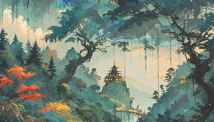 studio ghibli inspired, landscape , minimalist , forest , natural