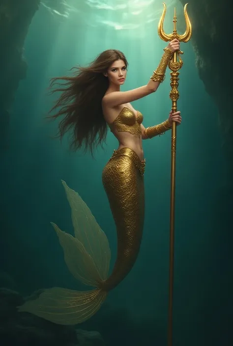 Fait moi une sirene en or avec un trident elle est brune et elle a les cheveux long 