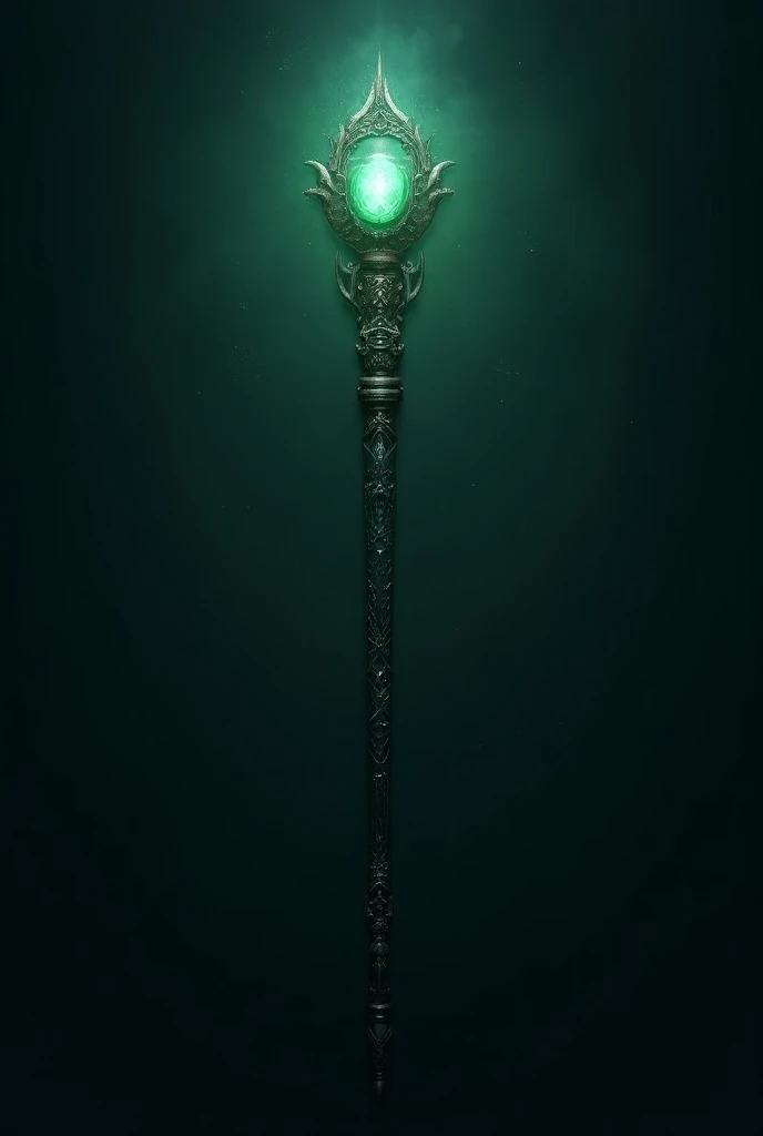 An intricate staff with a glowing teal green gem black background