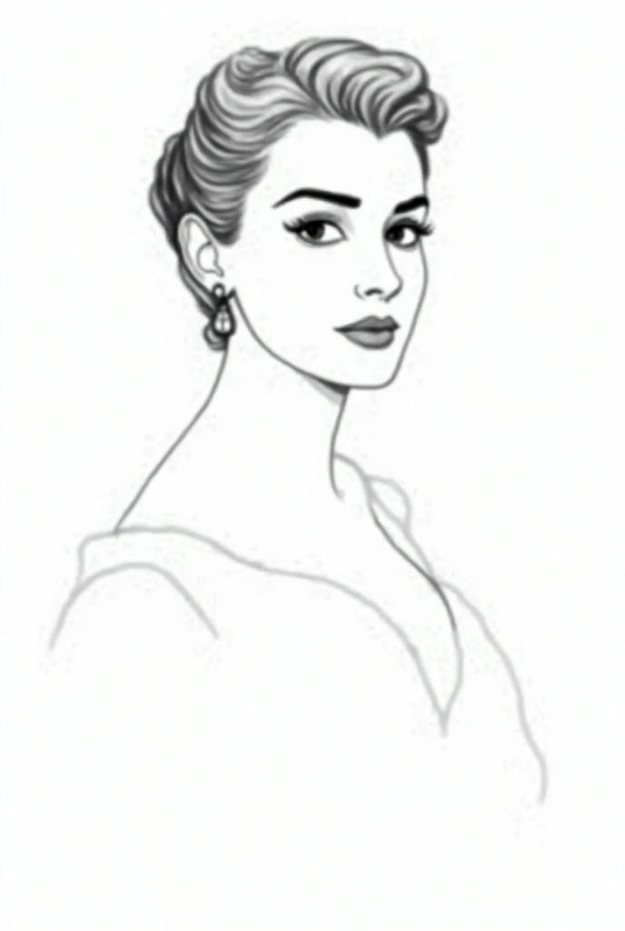  Generate a drawing of Grace Kelly with an updo  (bun)  in classic and historic Roman clothing in flat art style,  only with simple lines and delicate contours  ,  no filling and no colors  , in black and white ,   in the American plan  ,  with a delicate ...