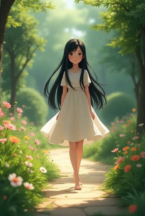  girl super long straight black hair down to waist, all hair down, cute, middle part, with a dress on, walking in garden