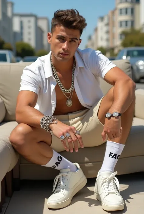 full length view fashion handsome white guy with strong divergent strabismus, cool fashion brown haircut, wearing white fashion sneakers and white FAG socks, dozens of silver rings, necklaces, bracelets, beige shorts. Hes posing on sofa in sunny street, Sa...