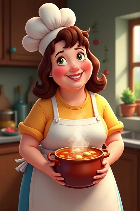 Create the Disney image of a fat and cheerful brunette cook with a pot of soup in her hand 