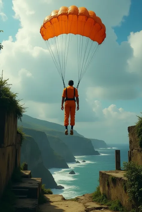 man wearing orange shirt and pants ,  parachuting on an abandoned island