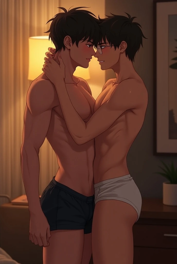 It creates the typical scene of a gay kiss and hug between the sporty boy and the nerdy boy., while the sporty boy stretches the nerdy boy&#39;s underwear