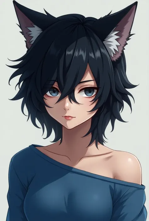 Make a hybrid wolf girl with short black hair and with pointed, furry ears on the side of her head, make anime version ,Put her a little more masculine , Put on a blue shirt 