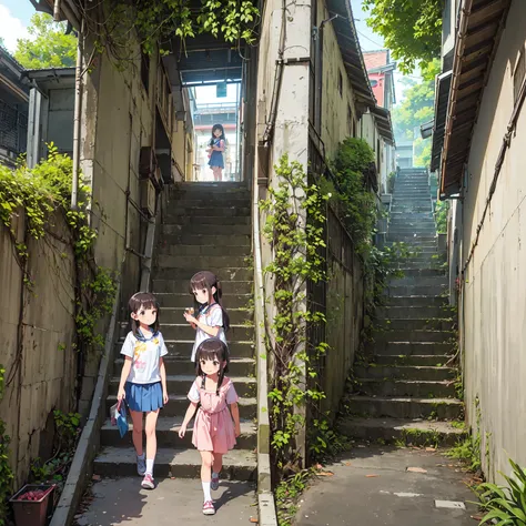 
(masterpiece、Detailed Anime)、(Three cute girls、Three elementary school girls、Summer clothes)、( old and dirty stairs in the housing complex、Battleship Island、Stairs to the basement、 shopping mall、garbage、Use waterways)、(Poor conditions)、(smile、fun)、smile、H...