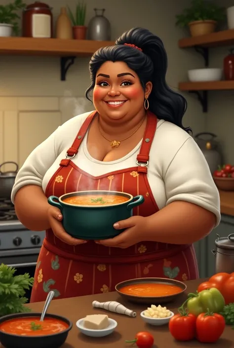 Create the Disney image of a fat brunette cook, her hair is black, her skin is brown and cheerful, she has a pot of soup in her hand. 