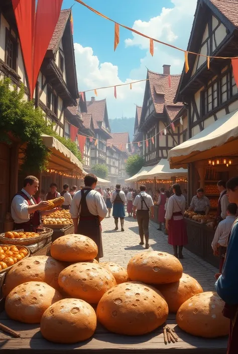 Images of medieval fairs and large round breads being sold.