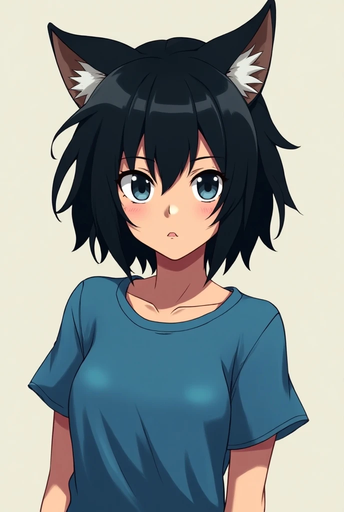 Make a hybrid wolf girl with short black hair and with furry ears on the side of her head, make anime version ,Put her a little more masculine , Put on a blue shirt 