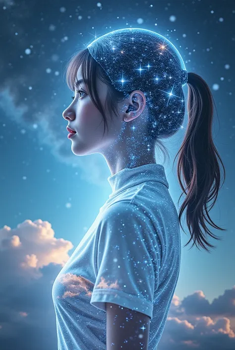 （multiple exposure：1.8）， dublake style ， girl virtual hologram ， futuristic magnificent starry sky image foreground ，psychedelic...