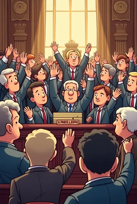 Create a cartoon Chiby style drawing where there is a parliament or an assembly of citizens ,  all raising their hands to vote or participate in a discussion about the creation of new laws.