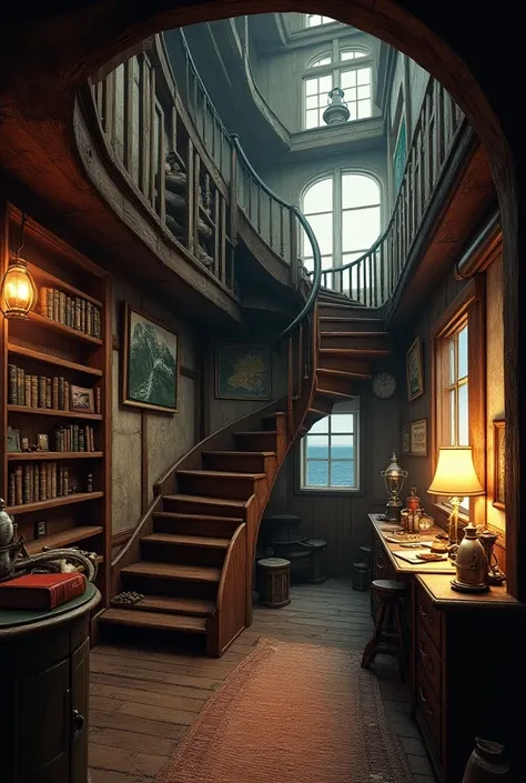 The interior of the lighthouse, with spiral stairs leading to the lantern room, shelves filled with nautical maps, and a cozy living area.