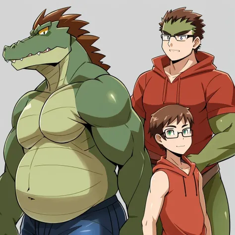 Profile picture, showing two people of the same person, male, has two forms, anthro, human form, anthro crocodile form, human is skinny, young adult, crocodile is chubby, blue jeans, red hoodie, human wears glasses, human has brown hair, anime style, croco...