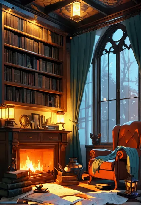 "An anime-inspired cozy detective’s room, warmly lit by a glowing fireplace and vintage lanterns. Wooden bookshelves line the walls, filled with old books and curious artifacts. A mahogany desk is cluttered with maps, magnifying glasses, and letters. A plu...