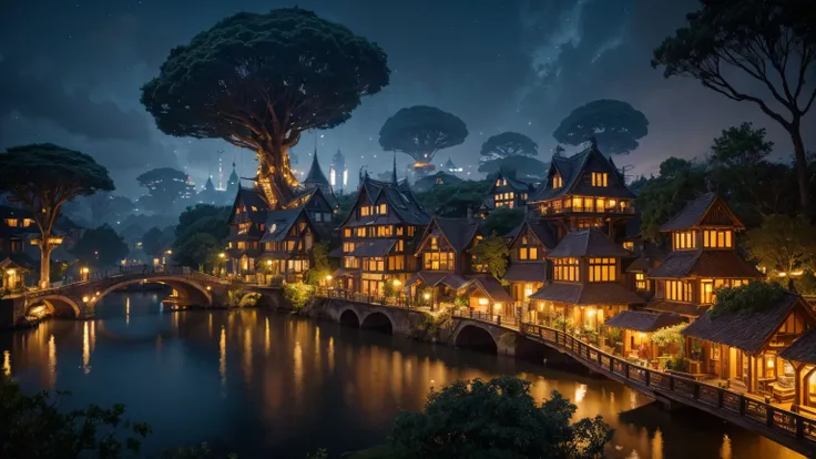 Surreal City Built on a Giant Tree: A whimsical city constructed among the branches of an enormous tree, with houses and buildings perched on platforms connected by winding bridges. Glowing fireflies light up the scene as night falls.