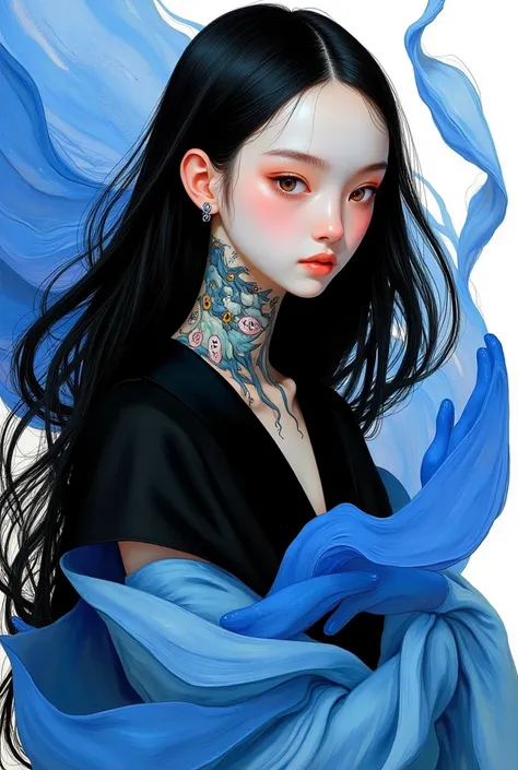 Closeup of woman with neck tattoo,  Long Black Hair ，Black simple clothing，Flowing hair，Fair Face，Crafty, slim,  Beautiful Eyes ，Mei Qing, Elegant digital art,  in a blue dress , author：Yang Jie, Beautiful digital illustrations, Beautiful character paintin...