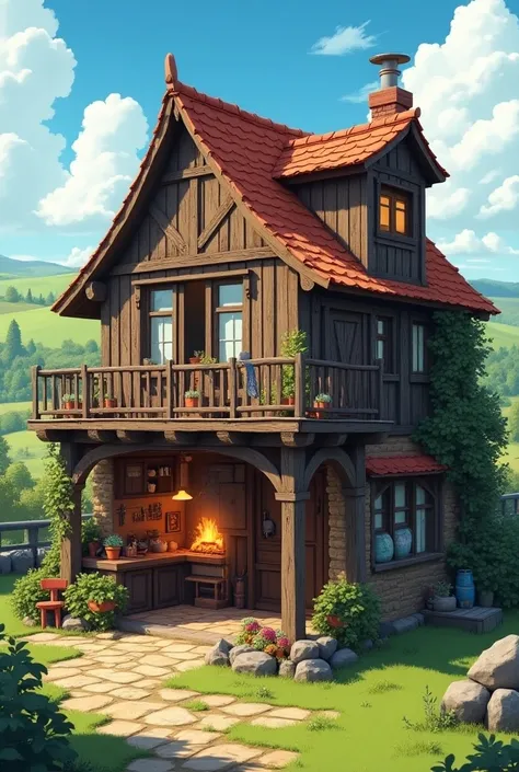 a 1945 feel house in a small village away from london first floor a blacksmith place and the second floor is an anime house