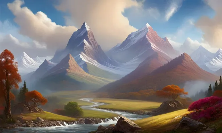 three banners with different landscapes and mountains in the background, mountainscape, scenery artwork, background art, scenery art detailed, mountains, color study, inspired by Thomas Moran, painted landscape, moutains, digital landscape art, mtg art sty...