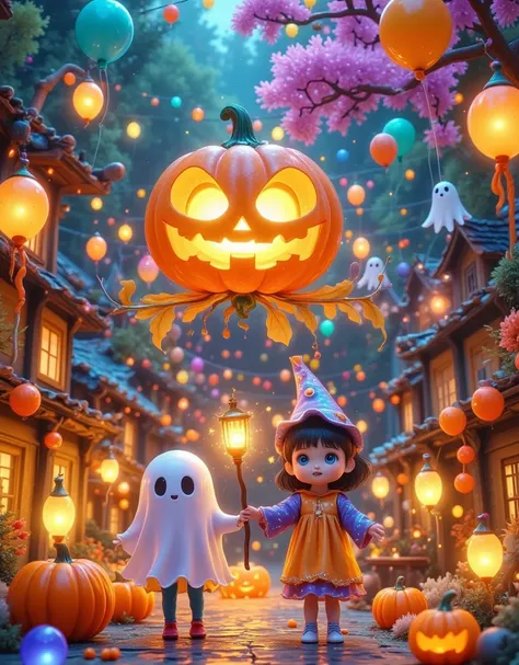 [Vision:1.0]，[Wide Angle:1.0]， A fun town ， Decorate with colorful lanterns and balloons ，One and one in magic suits，Wand in hand， play games with cute ghosts ， such as “Trick or Treat If You Dont Give Me Sugar” and “Ghost Bowling” The center is a huge pum...