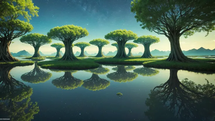 Surreal Mirror World: A bizarre, dreamlike world where the ground reflects the sky perfectly, creating an infinite mirror effect. Strange, floating islands with glowing plants and twisted structures rise from the mirrored surface, defying gravity.