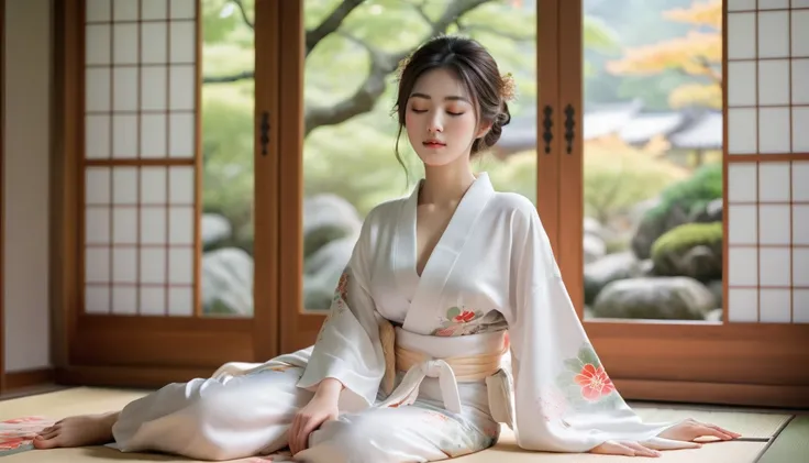 beautiful Korean woman wearing white thin kimono open, sleeping in Japanese bedroom, wide open window, Japanese garden, closed eyes, bare feet, (best quality, 4k, 8k, high resolution, masterpiece: 1.2), very detailed, (realistic, photorealistic, photo-real...