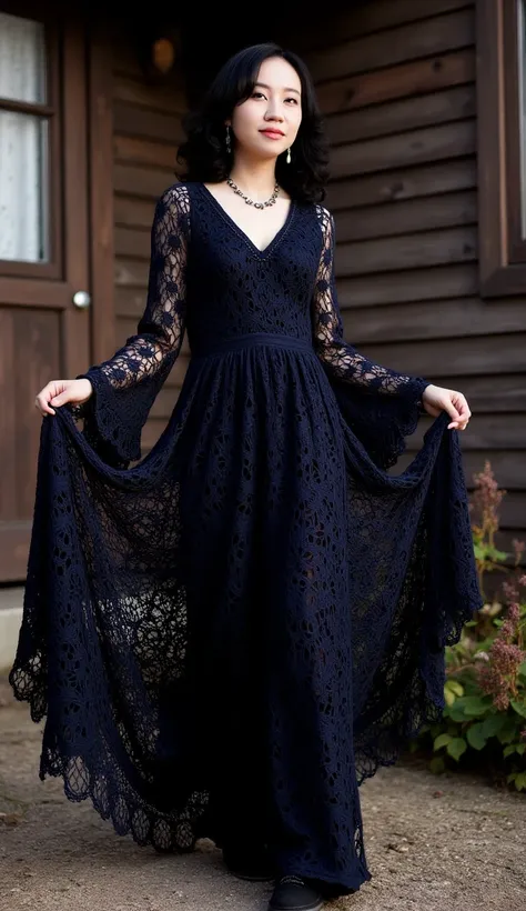 A Gothic woman with dark tones and intricate details, dressed in a bohemian crochet dress with voluminous bell sleeves. The rustic wooden house setting is illuminated by dramatic, high-contrast lighting, creating a moody, mysterious atmosphere. Black flowe...