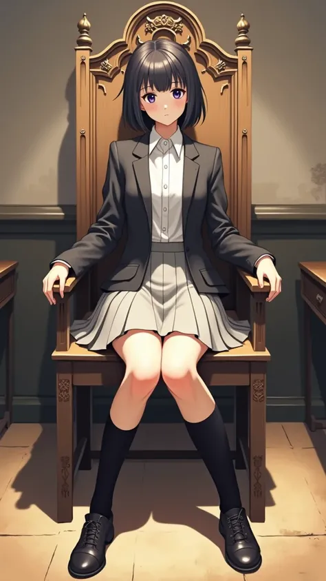 1 high school girl (  Korean student uniform , The elm skirt ,  black blazer , white shirt, 흰색The elm skirt )  high school girl is sitting in a gothic chair in the classroom.