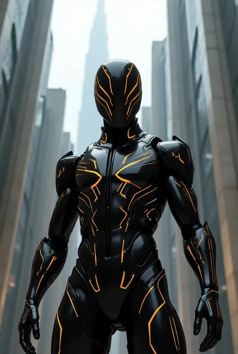 Futurism style, warrior, pure black golden line glowing armor,sharp head design,concrete utopian building