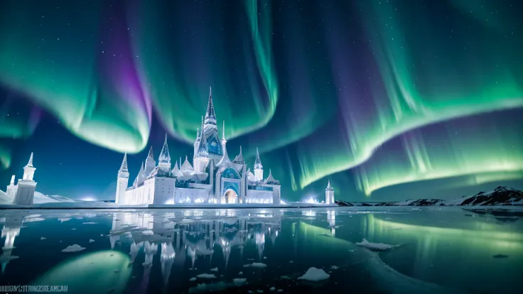 Ice Palace in a Frozen Tundra: A majestic palace made entirely of shimmering ice, standing tall in the middle of a vast frozen tundra. The northern lights dance across the sky above, casting colorful reflections on the icy structures.