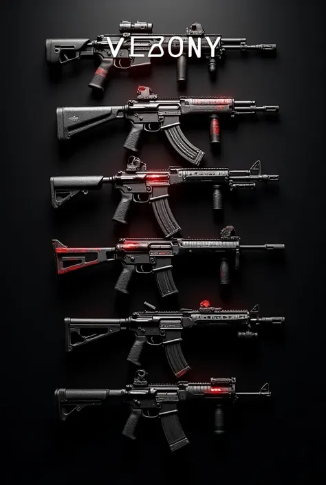  Create me an image in black , with red details,  With the title VEZONY . 

 In this image I want a stock with the following weapons:  PARAFALL , hk, AKM, G17 .

 I want a very detailed image ,  with beautiful effects .