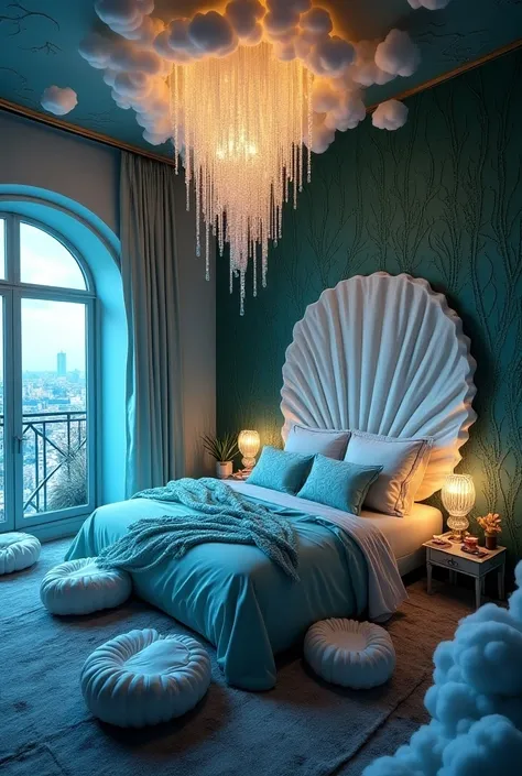 RAW photo format, photo taken with Canon EOS 6D Mark II, ultra wide angle lens, arafed bedroom with a large shell bed and a skylight, dreamy and detailed, seashell house, very magical and dreamy, fantasy themed, surreal design, in a bedroom, inside her sur...