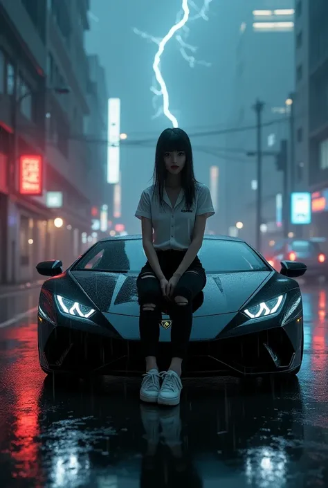 It was rainy day,background is cyber city,never we ca see people ,it is dark and there are many buildings.buildings lights are red and blue.thunder.There is a modern cyber lamborghini black car and its look very attractive .There is a beautiful japan  girl...