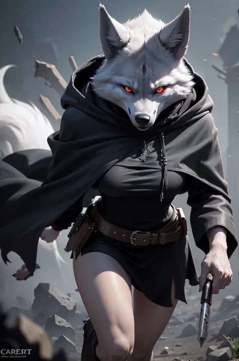 1 chareter,solo,death_puss-in-boots,black cloak, black hooded robe, white fur, fierce wolf appearance, red eyes, glowing pupils ...