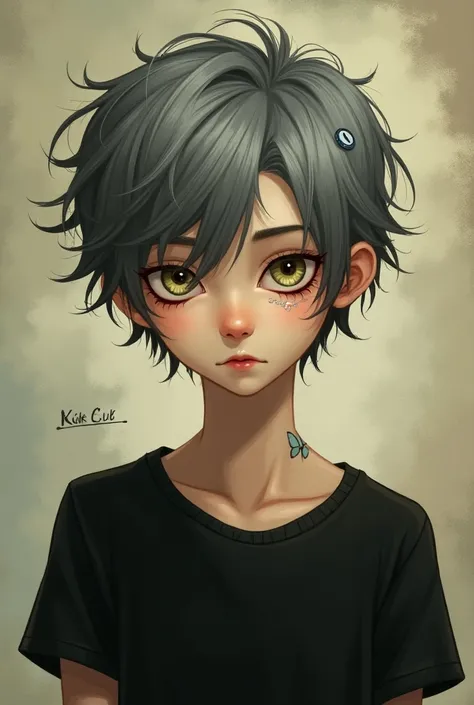 Illustration of a young human male,with black t-shirt, with butterfly tattoo under the right eye and written under the fair-skinned left eye,short hair with gray bangs, designed Coraline style with button in place of the eyes