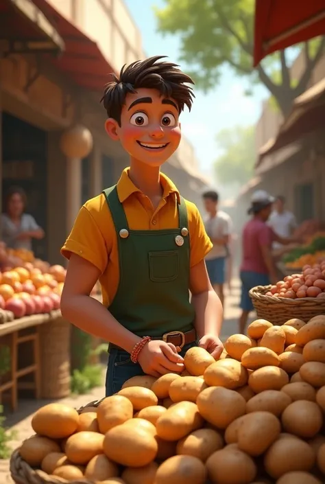 Young man selling potatoes named Dino